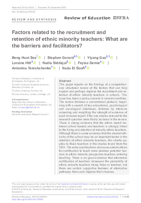 Factors related to the recruitment and retention of ethnic minority teachers: What are the barriers and facilitators? Thumbnail