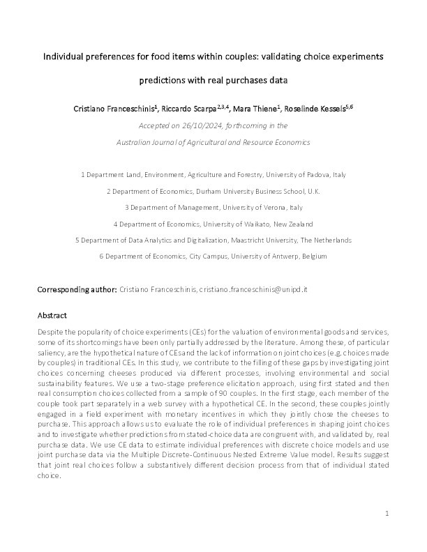 Individual preferences for food items within couples: Validating choice experiments predictions with real purchases data Thumbnail