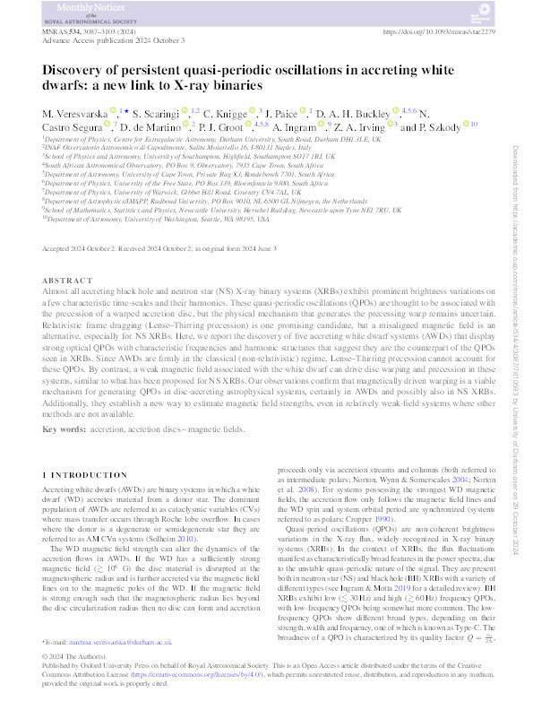 Discovery of persistent quasi-periodic oscillations in accreting white dwarfs: a new link to X-ray binaries Thumbnail