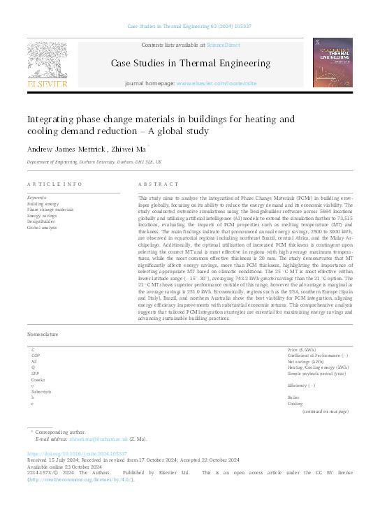 Integrating phase change materials in buildings for heating and cooling demand reduction – A global study Thumbnail