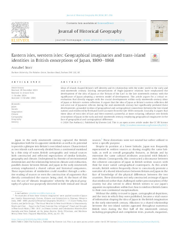 Eastern isles, western isles: Geographical imaginaries and trans-island identities in British conceptions of Japan, 1800–1868 Thumbnail