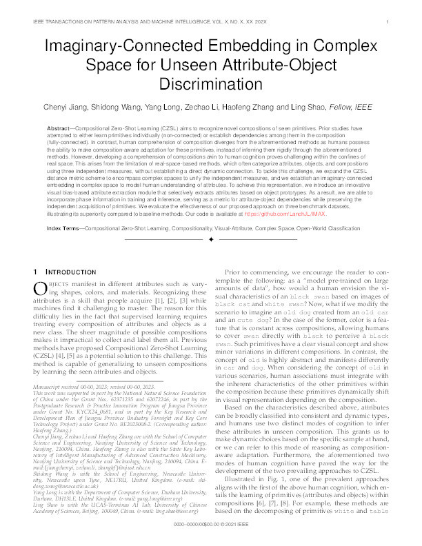 Imaginary-Connected Embedding in Complex Space for Unseen Attribute-Object Discrimination Thumbnail