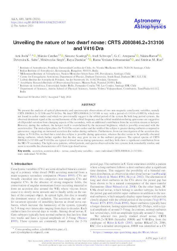 Unveiling the nature of two dwarf novae: CRTS J080846.2+313106 and V416 Dra Thumbnail