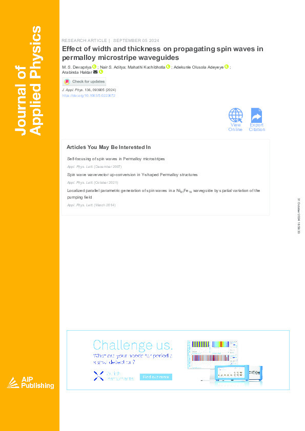 Effect of width and thickness on propagating spin waves in permalloy microstripe waveguides Thumbnail