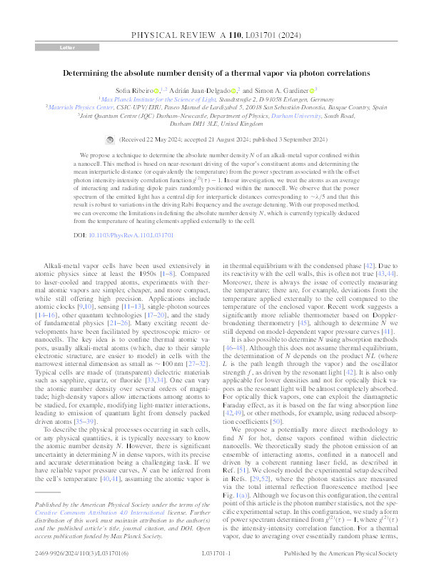 Determining the absolute number density of a thermal vapor via photon correlations Thumbnail