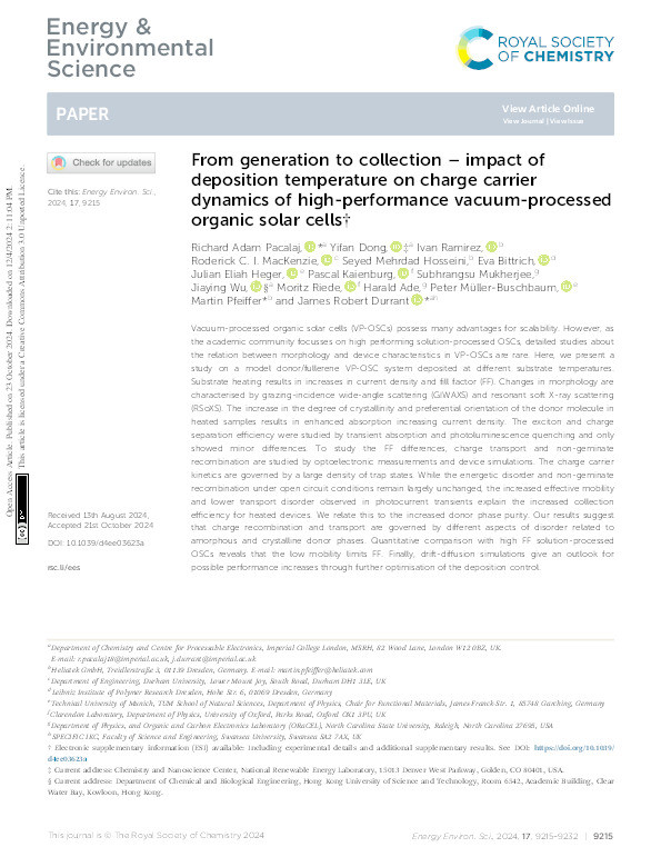 From generation to collection – impact of deposition temperature on charge carrier dynamics of high-performance vacuum-processed organic solar cells Thumbnail