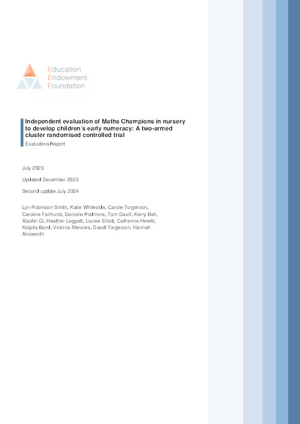 Independent evaluation of Maths Champions in nursery to develop children’s early numeracy: A two-armed cluster randomised controlled trial. Evaluation Report. Thumbnail