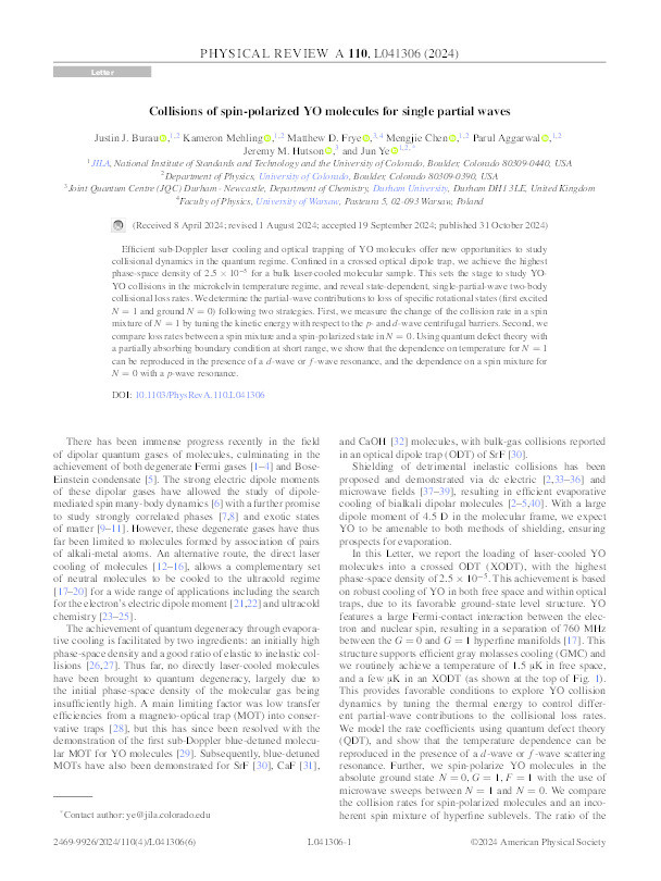 Collisions of spin-polarized YO molecules for single partial waves Thumbnail