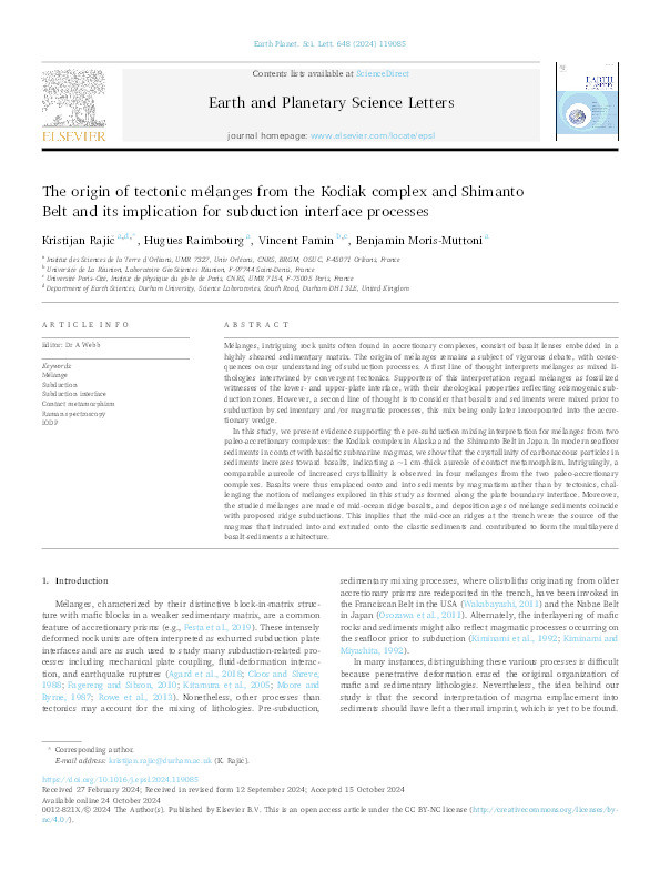 The origin of tectonic mélanges from the Kodiak complex and Shimanto Belt and its implication for subduction interface processes Thumbnail