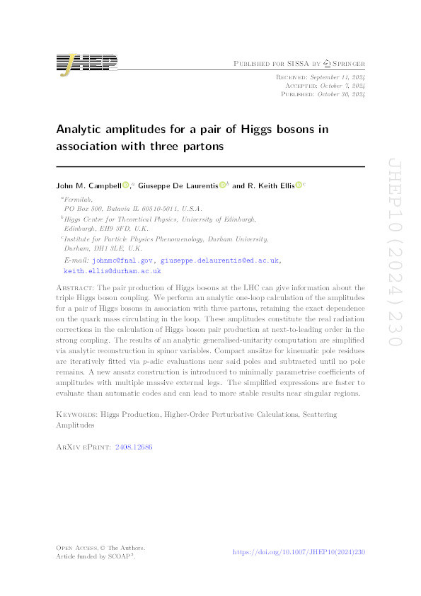 Analytic amplitudes for a pair of Higgs bosons in association with three partons Thumbnail