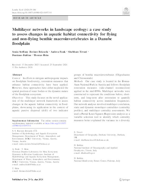 Multilayer networks in landscape ecology: a case study to assess changes in aquatic habitat connectivity for flying and non-flying benthic macroinvertebrates in a Danube floodplain Thumbnail