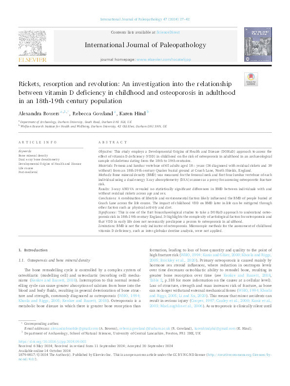 Rickets, resorption and revolution: An investigation into the relationship between vitamin D deficiency in childhood and osteoporosis in adulthood in an 18th-19th century population. Thumbnail