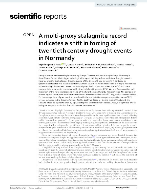 A multi-proxy stalagmite record indicates a shift in forcing of twentieth century drought events in Normandy Thumbnail