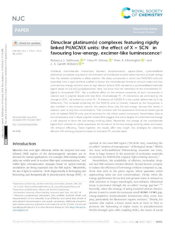Dinuclear platinum( ii ) complexes featuring rigidly linked Pt( NCN )X units: the effect of X = SCN − in favouring low-energy, excimer-like luminescence Thumbnail