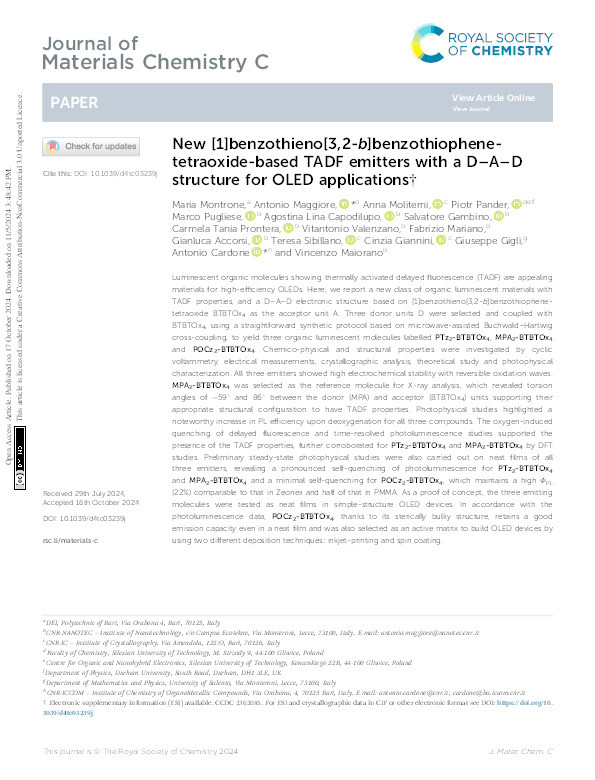 New [1]benzothieno[3,2- b]benzothiophene-tetraoxide-based TADF emitters with a D–A–D structure for OLED applications Thumbnail