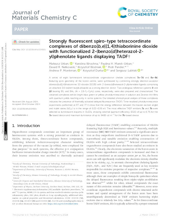 Strongly fluorescent spiro-type tetracoordinate complexes of dibenzo[ b, e ][1,4]thiaborinine dioxide with functionalized 2-(benzo[ d ]heterazol-2-yl)phenolate ligands displaying TADF Thumbnail