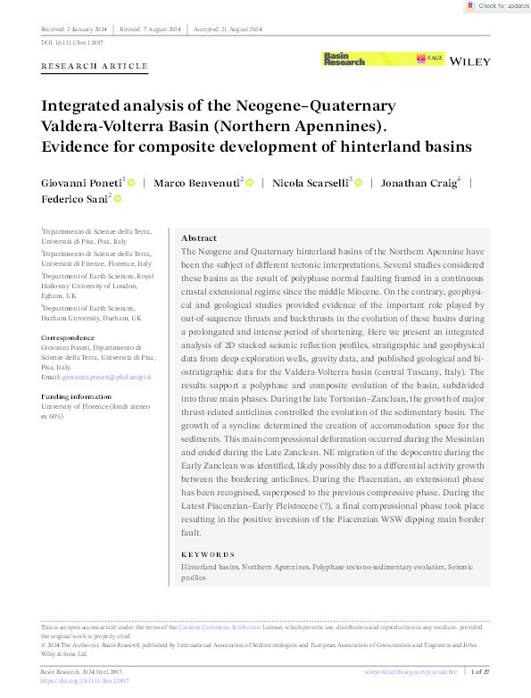 Integrated analysis of the Neogene–Quaternary Valdera‐Volterra Basin (Northern Apennines). Evidence for composite development of hinterland basins Thumbnail