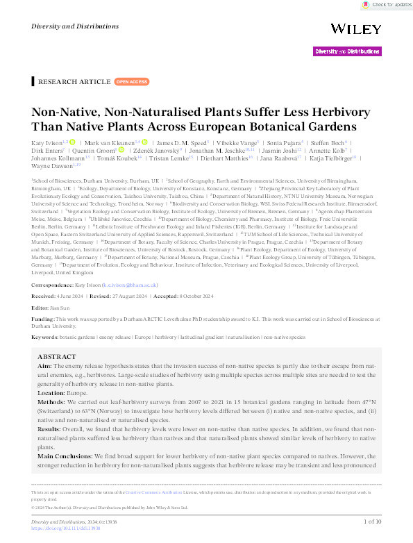 Non‐Native, Non‐Naturalised Plants Suffer Less Herbivory Than Native Plants Across European Botanical Gardens Thumbnail