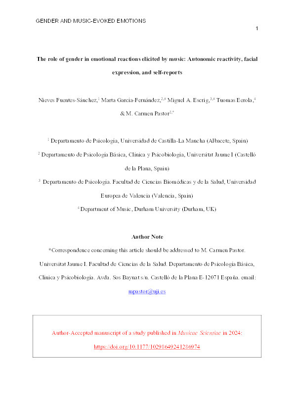 The role of gender in emotional reactions elicited by music: Autonomic reactivity, facial expression, and self-reports Thumbnail