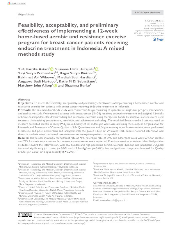 Feasibility, acceptability, and preliminary effectiveness of implementing a 12-week home-based aerobic and resistance exercise program for breast cancer patients receiving endocrine treatment in Indonesia: A mixed methods study Thumbnail