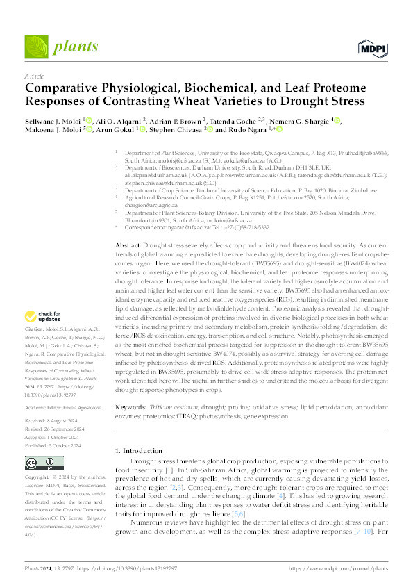 Comparative Physiological, Biochemical, and Leaf Proteome Responses of Contrasting Wheat Varieties to Drought Stress. Thumbnail