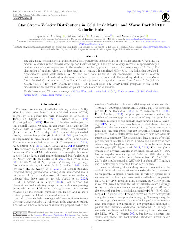 Star Stream Velocity Distributions in Cold Dark Matter and Warm Dark Matter Galactic Halos Thumbnail