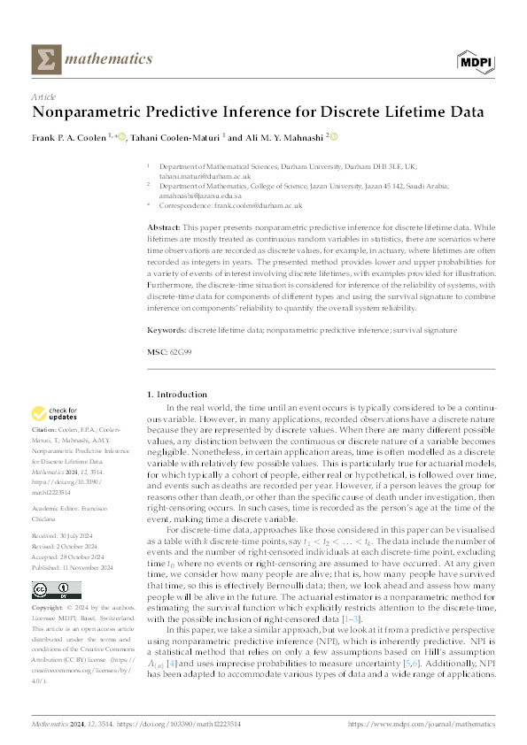 Nonparametric Predictive Inference for Discrete Lifetime Data Thumbnail