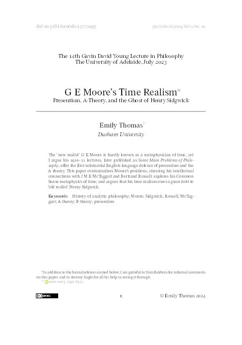 G E Moore’s Time Realism: Presentism, A-Theory, and the Ghost of Henry Sidgwick Thumbnail