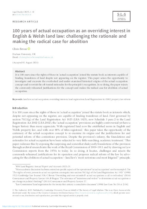 100 Years of Actual Occupation as an Overriding Interest in English & Welsh Land Law: Challenging the Rationale and Making the Radical Case for Abolition Thumbnail