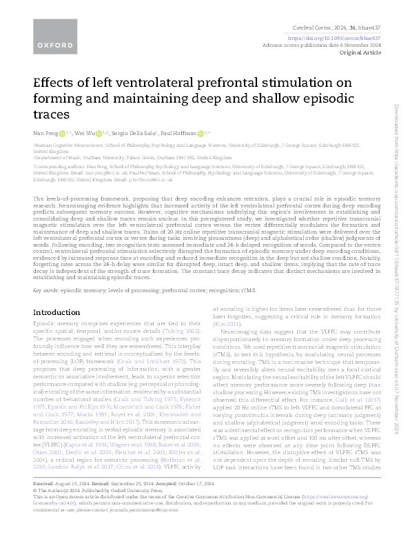 Effects of left ventrolateral prefrontal stimulation on forming and maintaining deep and shallow episodic traces Thumbnail