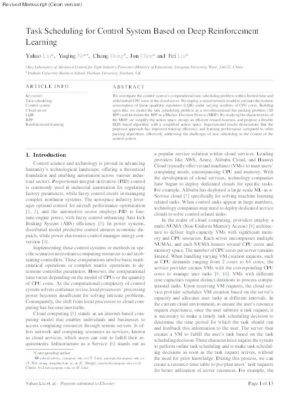 Task scheduling for control system based on deep reinforcement learning Thumbnail