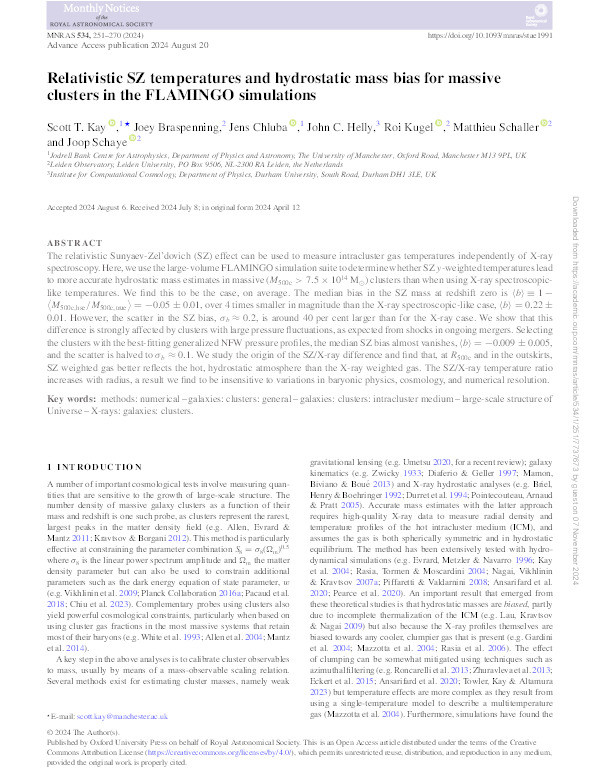 Relativistic SZ temperatures and hydrostatic mass bias for massive clusters in the FLAMINGO simulations Thumbnail