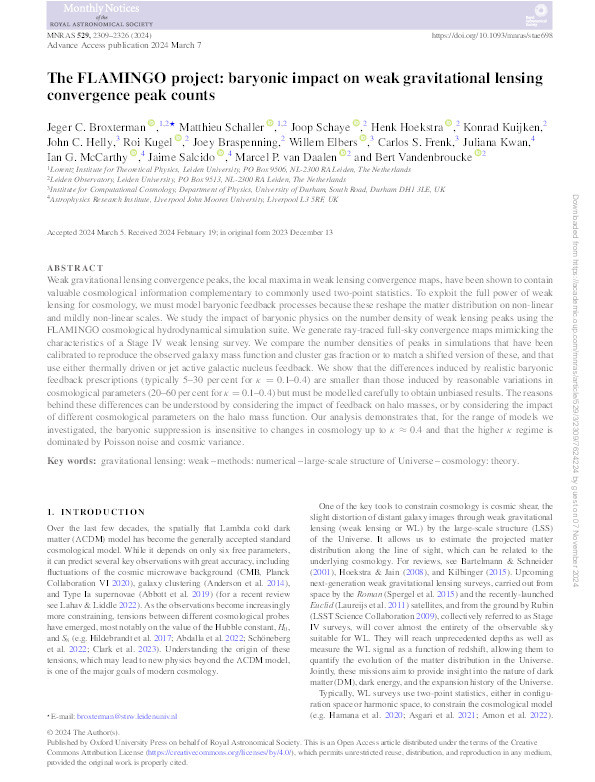 The FLAMINGO project: baryonic impact on weak gravitational lensing convergence peak counts Thumbnail