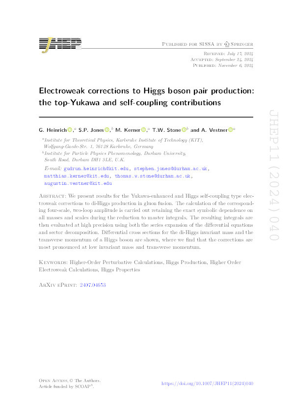 Electroweak corrections to Higgs boson pair production: the top-Yukawa and self-coupling contributions Thumbnail