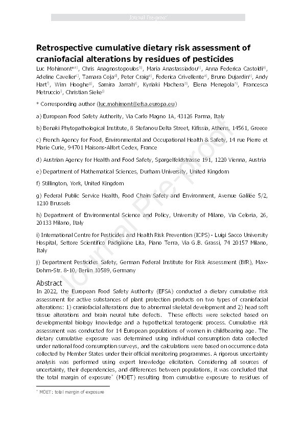 Retrospective cumulative dietary risk assessment of craniofacial alterations by residues of pesticides Thumbnail