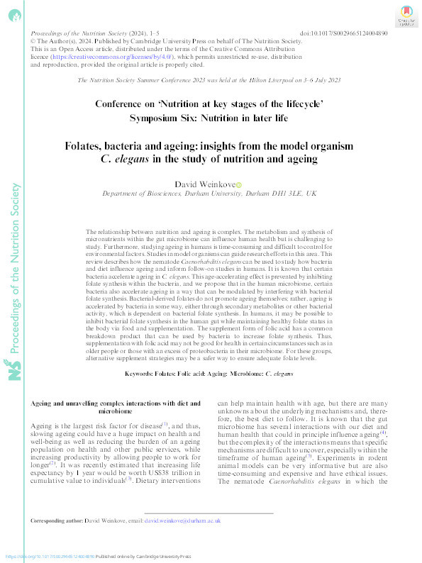 Folates, bacteria and ageing: insights from the model organism Thumbnail