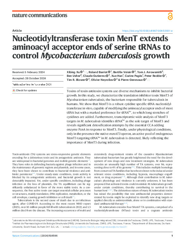 Nucleotidyltransferase toxin MenT extends aminoacyl acceptor ends of serine tRNAs to control Mycobacterium tuberculosis growth Thumbnail