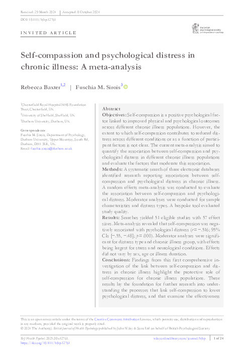 Self‐compassion and psychological distress in chronic illness: A meta‐analysis Thumbnail