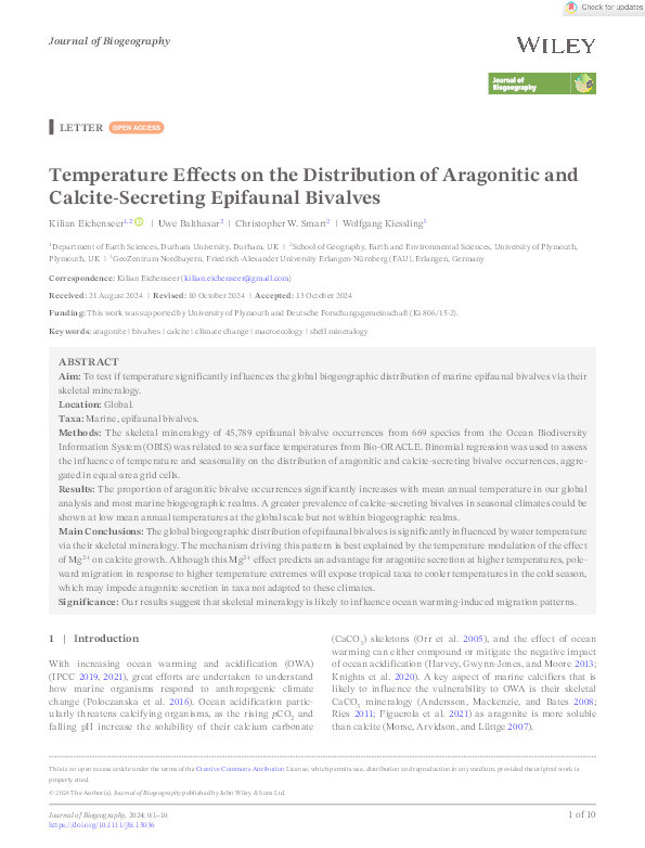 Temperature Effects on the Distribution of Aragonitic and Calcite‐Secreting Epifaunal Bivalves Thumbnail