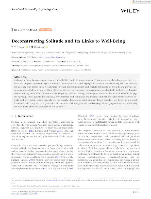 Deconstructing Solitude and Its Links to Well‐Being Thumbnail