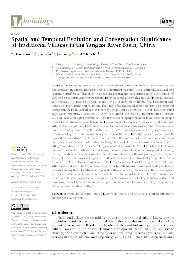 Spatial and Temporal Evolution and Conservation Significance of Traditional Villages in the Yangtze River Basin, China Thumbnail