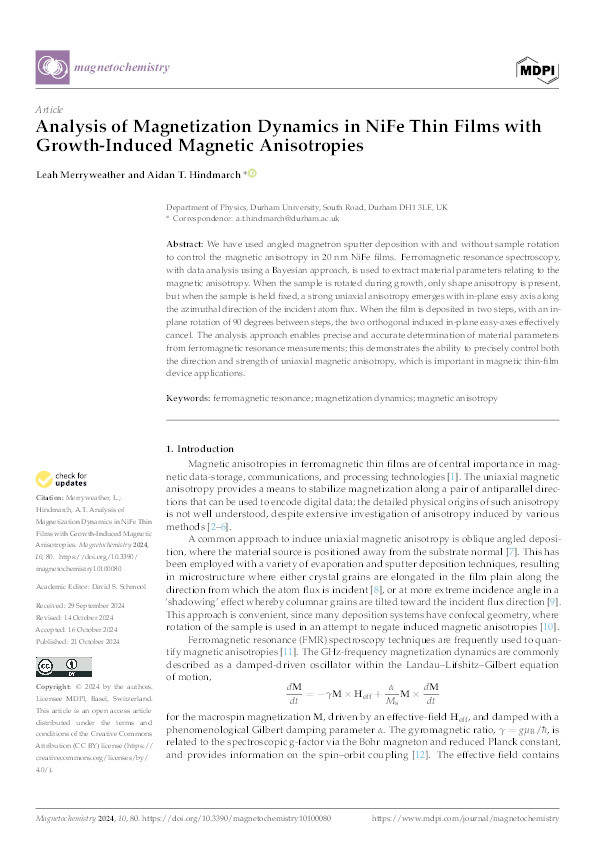 Analysis of Magnetization Dynamics in NiFe Thin Films with Growth-Induced Magnetic Anisotropies Thumbnail