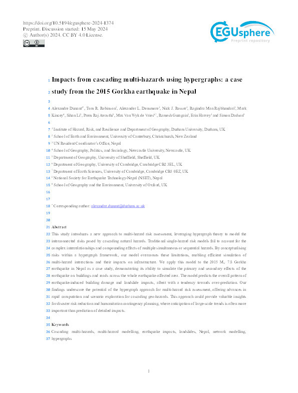 Impacts from cascading multi-hazards using hypergraphs: a case study from the 2015 Gorkha earthquake in Nepal Thumbnail