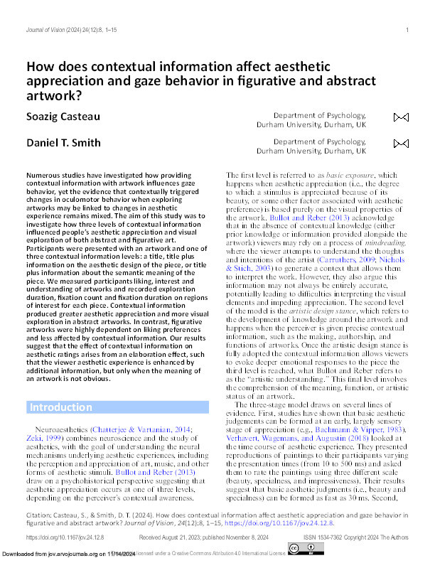 How does contextual information affect aesthetic appreciation and gaze behavior in figurative and abstract artwork? Thumbnail