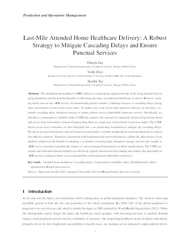 EXPRESS: Last-Mile Attended Home Healthcare Delivery: A Robust Strategy to Mitigate Cascading Delays and Ensure Punctual Services Thumbnail