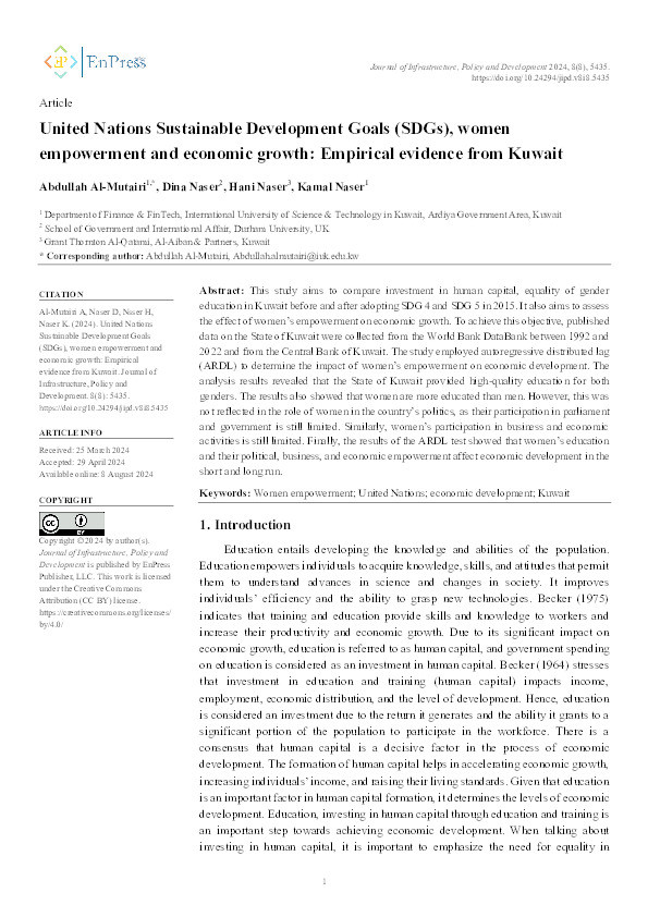 United Nations Sustainable Development Goals (SDGs), women empowerment and economic growth: Empirical evidence from Kuwait Thumbnail