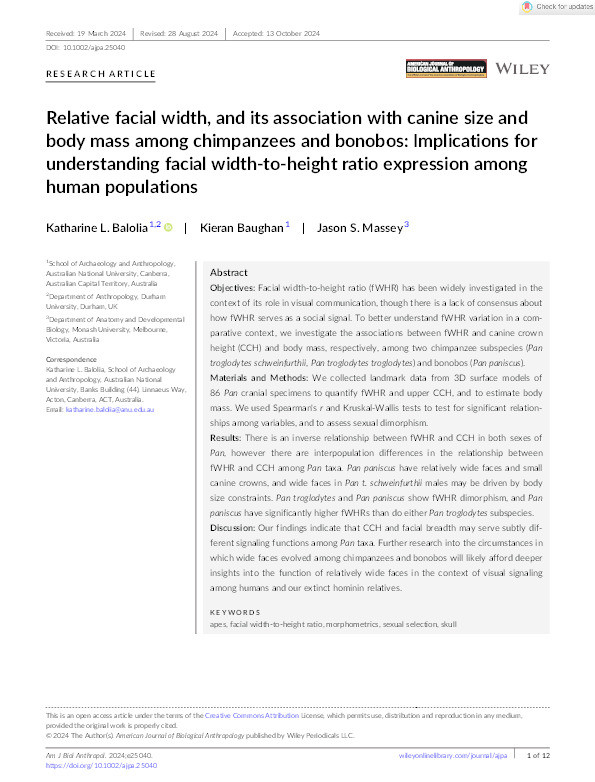 Relative facial width, and its association with canine size and body mass among chimpanzees and bonobos: Implications for understanding facial width‐to‐height ratio expression among human populations Thumbnail