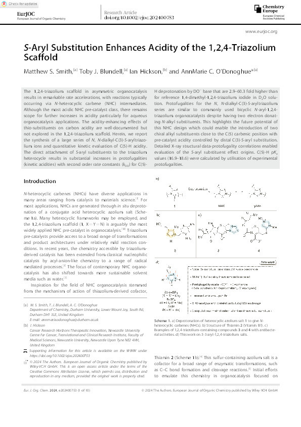 S ‐Aryl Substitution Enhances Acidity of the 1,2,4‐Triazolium Scaffold Thumbnail