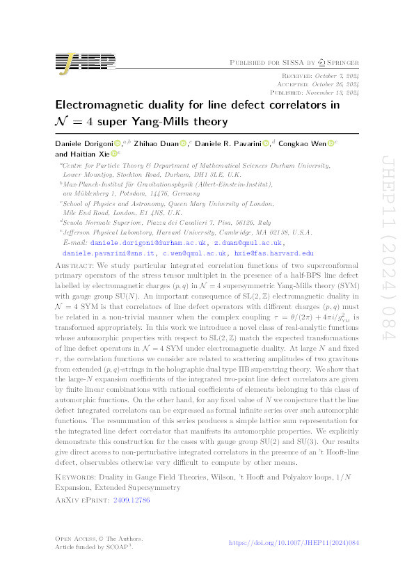 Electromagnetic duality for line defect correlators in N = 4 super Yang-Mills theory Thumbnail