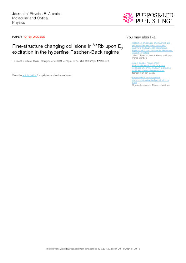 Fine-structure changing collisions in 87 Rb upon D 2 excitation in the hyperfine Paschen-Back regime Thumbnail